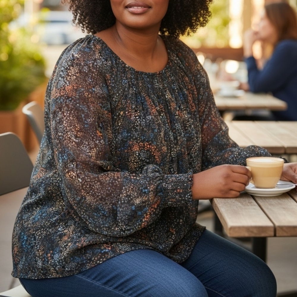 Ava & Viv Long Sleeve Multi-Floral Sheer Top With Black Cami, Size 4X 28W 30W